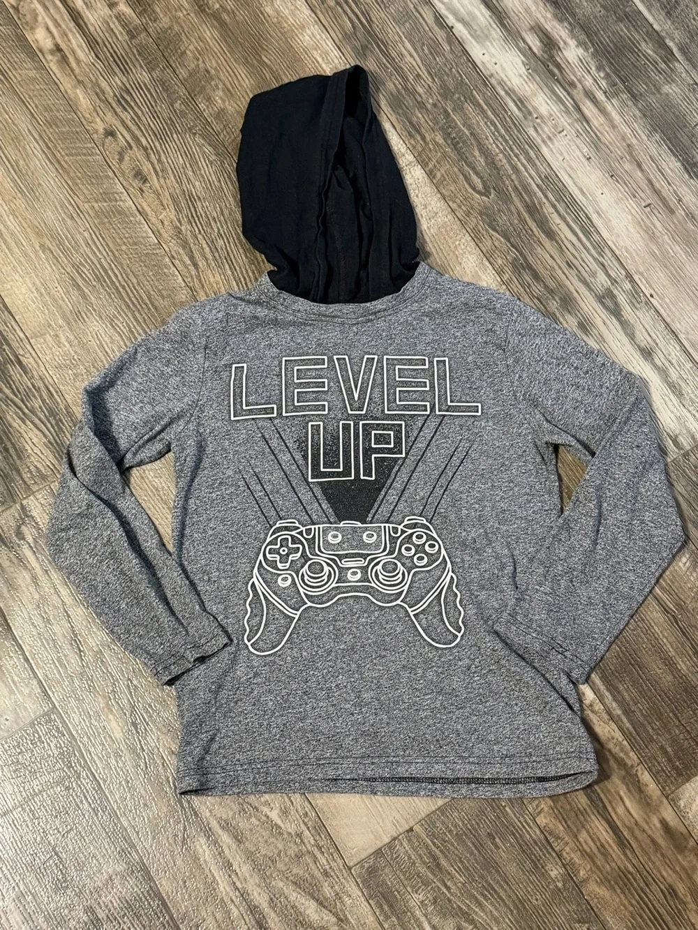 Kids 'Level Up' Hoodie Tee - Gray with Black Hood